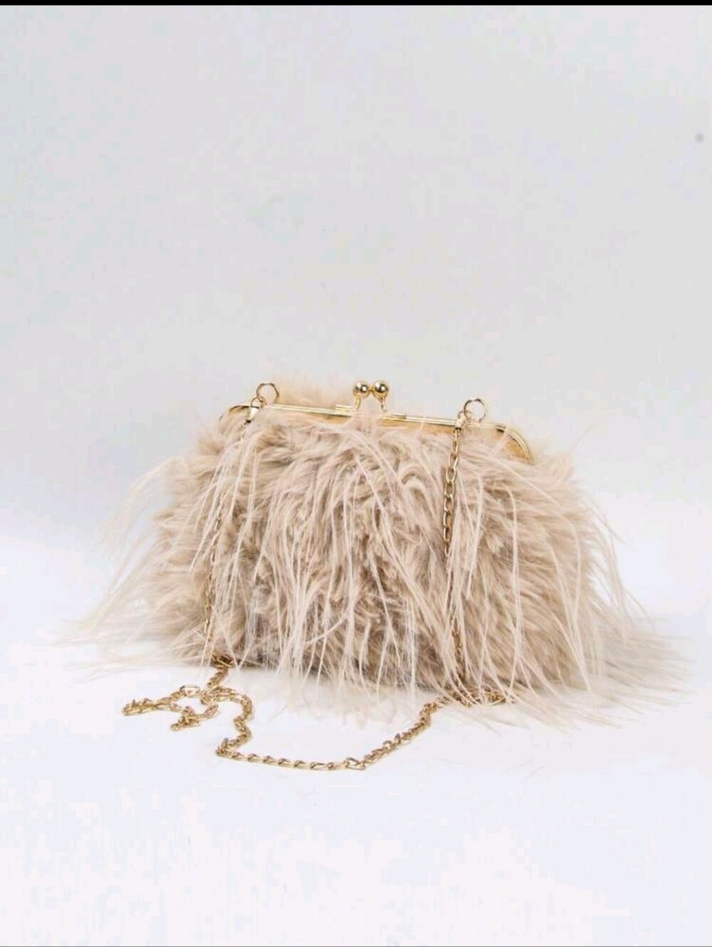 BRAND NEW** Faux Feather Beige Evening Clutch with Gold Chain